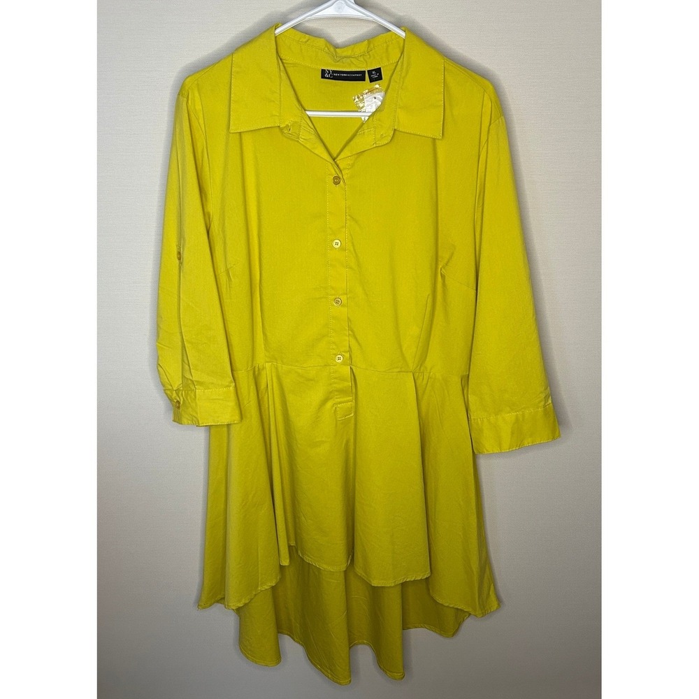New York & Company Citron Yellow High-Low Peplum Shirt Dress XL NWT Office Neon